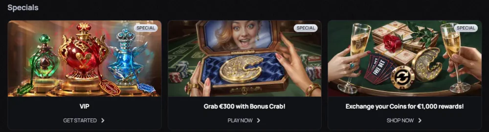 Casinova erikoistarjoukset-osio VIP-ohjelmalla ja palkkiokolikkovaihdolla.